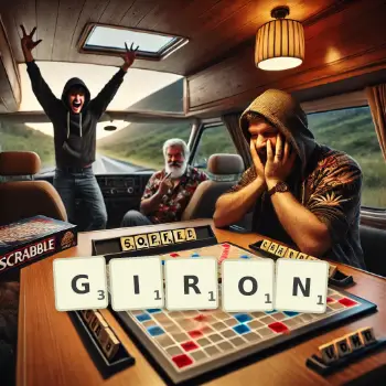 Creative illustration for a Scrabble game with the word GIRON spelled out in tiles on the board.