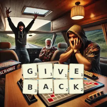 Creative illustration for a Scrabble game with the word GIVEBACK spelled out in tiles on the board.