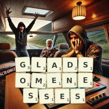 Creative illustration for a Scrabble game with the word GLADSOMENESSES spelled out in tiles on the board.