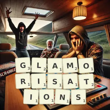 Creative illustration for a Scrabble game with the word GLAMORISATIONS spelled out in tiles on the board.
