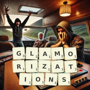 Creative illustration for a Scrabble game with the word GLAMORIZATIONS spelled out in tiles on the board.