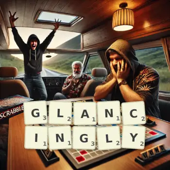 Creative illustration for a Scrabble game with the word GLANCINGLY spelled out in tiles on the board.