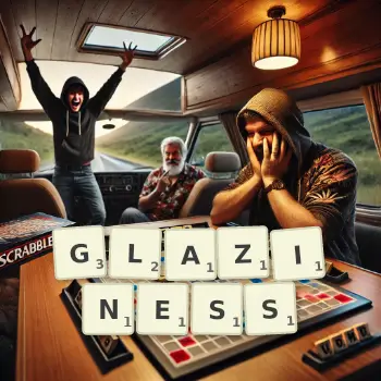 Creative illustration for a Scrabble game with the word GLAZINESS spelled out in tiles on the board.
