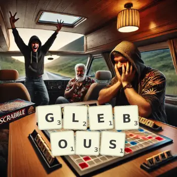 Creative illustration for a Scrabble game with the word GLEBOUS spelled out in tiles on the board.