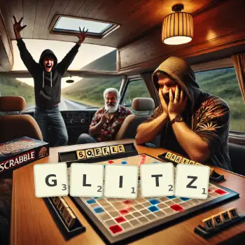 Creative illustration for a Scrabble game with the word GLITZ spelled out in tiles on the board.
