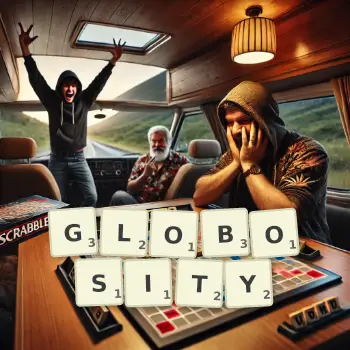 Creative illustration for a Scrabble game with the word GLOBOSITY spelled out in tiles on the board.