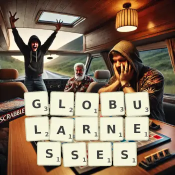 Creative illustration for a Scrabble game with the word GLOBULARNESSES spelled out in tiles on the board.