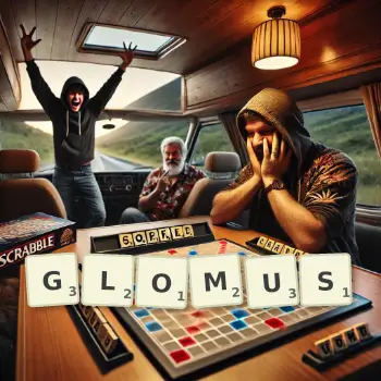 Creative illustration for a Scrabble game with the word GLOMUS spelled out in tiles on the board.