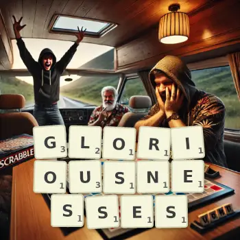 Creative illustration for a Scrabble game with the word GLORIOUSNESSES spelled out in tiles on the board.