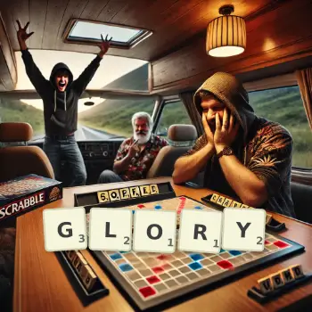 Creative illustration for a Scrabble game with the word GLORY spelled out in tiles on the board.