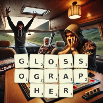 Creative illustration for a Scrabble game with the word GLOSSOGRAPHER spelled out in tiles on the board.