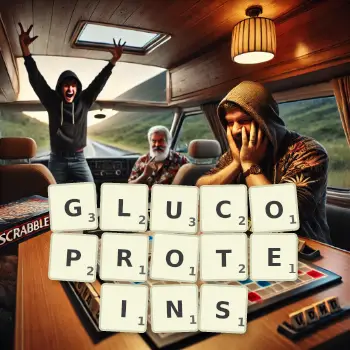 Creative illustration for a Scrabble game with the word GLUCOPROTEINS spelled out in tiles on the board.