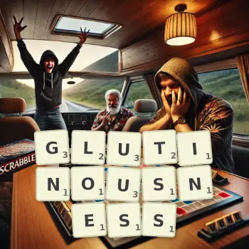 Creative illustration for a Scrabble game with the word GLUTINOUSNESS spelled out in tiles on the board.