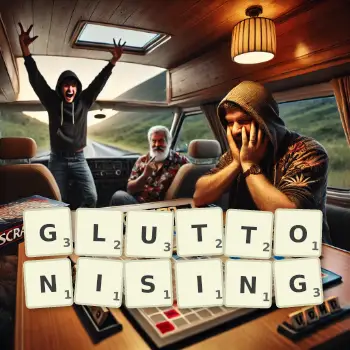 Creative illustration for a Scrabble game with the word GLUTTONISING spelled out in tiles on the board.