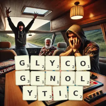 Creative illustration for a Scrabble game with the word GLYCOGENOLYTIC spelled out in tiles on the board.