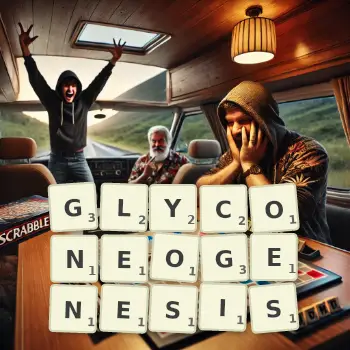 Creative illustration for a Scrabble game with the word GLYCONEOGENESIS spelled out in tiles on the board.
