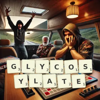 Creative illustration for a Scrabble game with the word GLYCOSYLATE spelled out in tiles on the board.