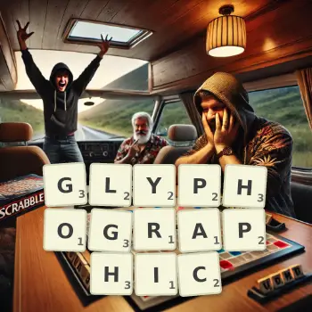 Creative illustration for a Scrabble game with the word GLYPHOGRAPHIC spelled out in tiles on the board.