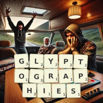 Creative illustration for a Scrabble game with the word GLYPTOGRAPHIES spelled out in tiles on the board.