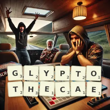 Creative illustration for a Scrabble game with the word GLYPTOTHECAE spelled out in tiles on the board.