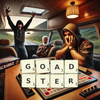Creative illustration for a Scrabble game with the word GOADSTER spelled out in tiles on the board.