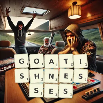 Creative illustration for a Scrabble game with the word GOATISHNESSES spelled out in tiles on the board.