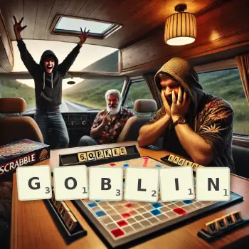 Creative illustration for a Scrabble game with the word GOBLIN spelled out in tiles on the board.