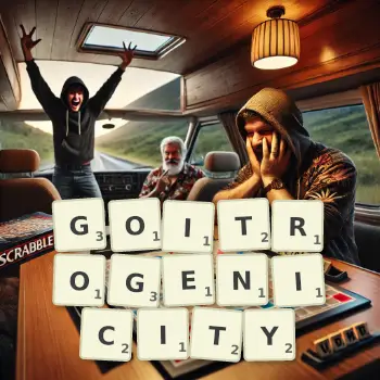 Creative illustration for a Scrabble game with the word GOITROGENICITY spelled out in tiles on the board.