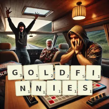 Creative illustration for a Scrabble game with the word GOLDFINNIES spelled out in tiles on the board.