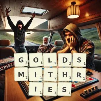 Creative illustration for a Scrabble game with the word GOLDSMITHRIES spelled out in tiles on the board.