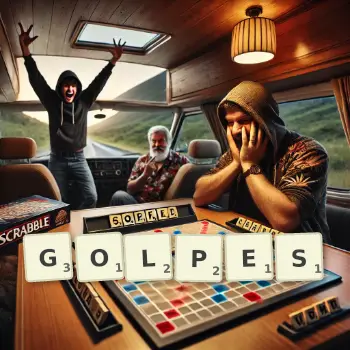 Creative illustration for a Scrabble game with the word GOLPES spelled out in tiles on the board.