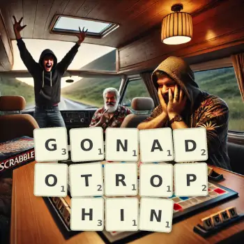 Creative illustration for a Scrabble game with the word GONADOTROPHIN spelled out in tiles on the board.