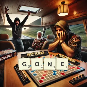 Creative illustration for a Scrabble game with the word GONE spelled out in tiles on the board.