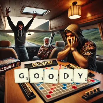 Creative illustration for a Scrabble game with the word GOODY spelled out in tiles on the board.