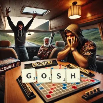 Creative illustration for a Scrabble game with the word GOSH spelled out in tiles on the board.