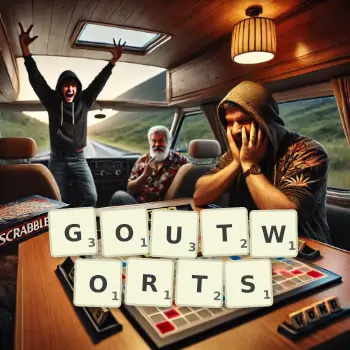 Creative illustration for a Scrabble game with the word GOUTWORTS spelled out in tiles on the board.