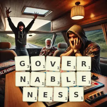 Creative illustration for a Scrabble game with the word GOVERNABLENESS spelled out in tiles on the board.