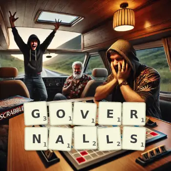 Creative illustration for a Scrabble game with the word GOVERNALLS spelled out in tiles on the board.