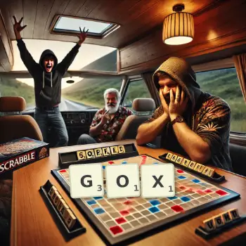 Creative illustration for a Scrabble game with the word GOX spelled out in tiles on the board.