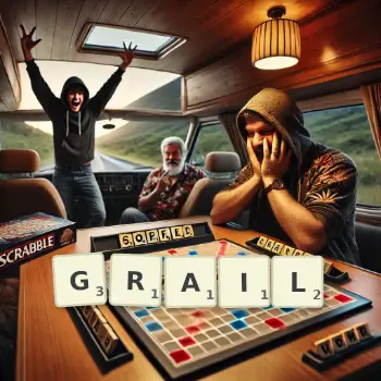 Creative illustration for a Scrabble game with the word GRAIL spelled out in tiles on the board.