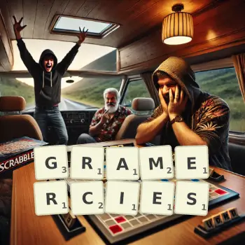 Creative illustration for a Scrabble game with the word GRAMERCIES spelled out in tiles on the board.