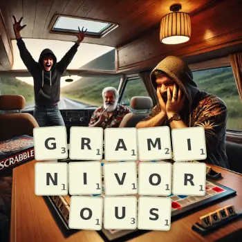 Creative illustration for a Scrabble game with the word GRAMINIVOROUS spelled out in tiles on the board.