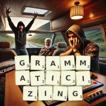 Creative illustration for a Scrabble game with the word GRAMMATICIZING spelled out in tiles on the board.
