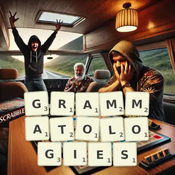 Creative illustration for a Scrabble game with the word GRAMMATOLOGIES spelled out in tiles on the board.