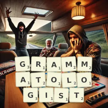 Creative illustration for a Scrabble game with the word GRAMMATOLOGIST spelled out in tiles on the board.