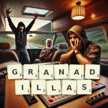 Creative illustration for a Scrabble game with the word GRANADILLAS spelled out in tiles on the board.