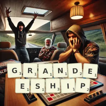 Creative illustration for a Scrabble game with the word GRANDEESHIP spelled out in tiles on the board.