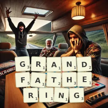 Creative illustration for a Scrabble game with the word GRANDFATHERING spelled out in tiles on the board.