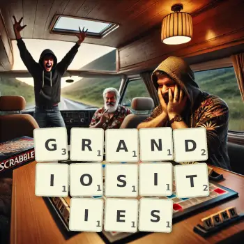 Creative illustration for a Scrabble game with the word GRANDIOSITIES spelled out in tiles on the board.