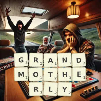 Creative illustration for a Scrabble game with the word GRANDMOTHERLY spelled out in tiles on the board.